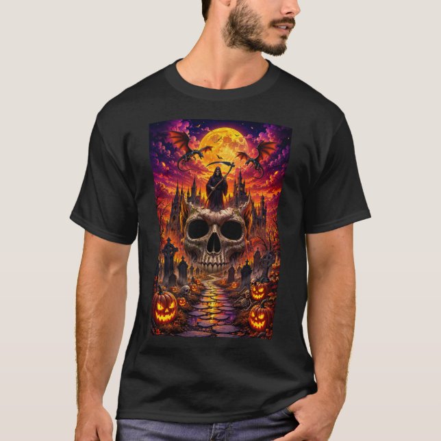 Conception de T-shirt Crâne d'Halloween et Château (Devant)