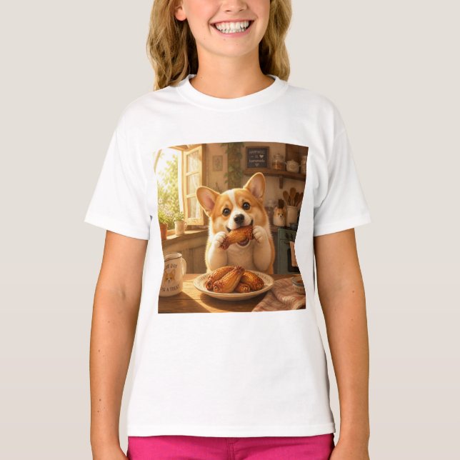 Conception de T-shirt de chien mangeant du poulet  (Devant)