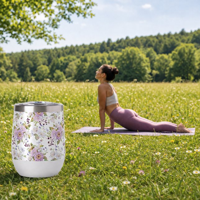 Conception florale féminine de fleur sauvage rose (Pink White Purple Watercolor Wildflower Thermal Wine Tumbler)