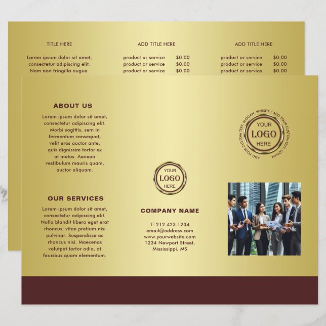 Conception or or rouge foncé, Brochures avec logo  (Devant / Derrière)