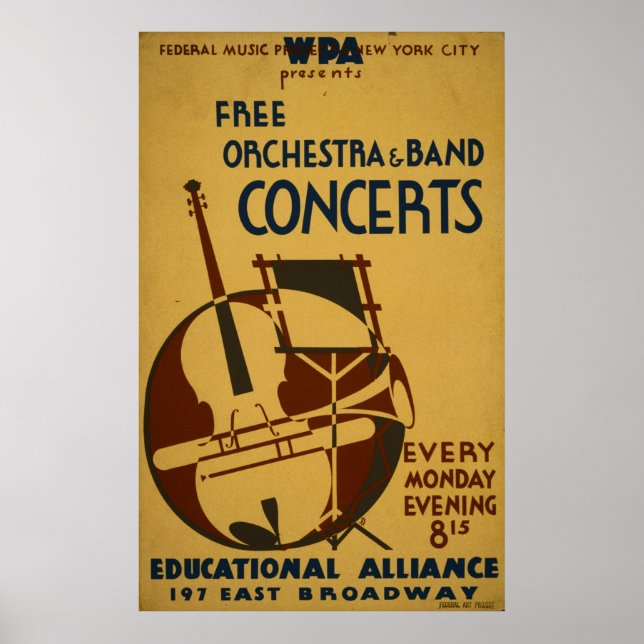 Concerts Orchestre Gratuit 1938 Poster vintage WPA (Devant)