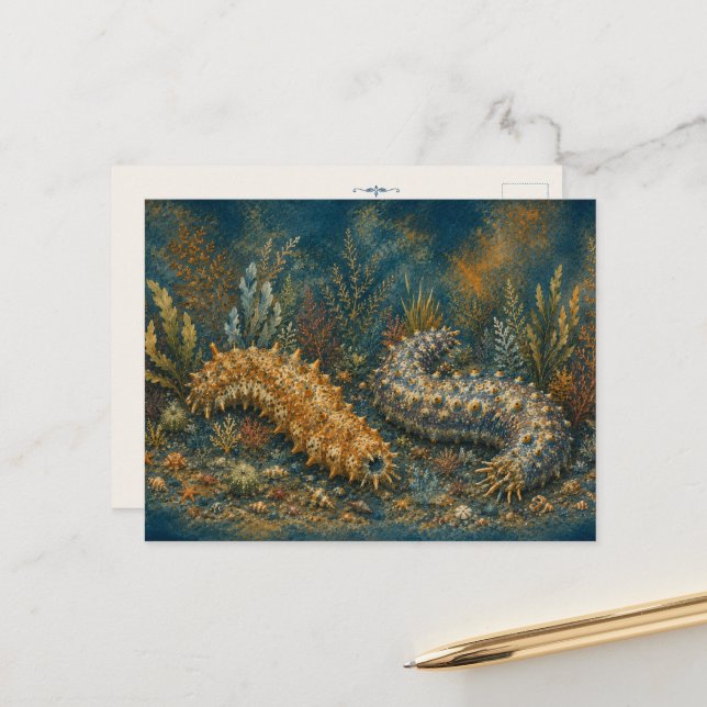 Concombre de mer aquarelle carte postale océan (Devant/Arrière en situation)