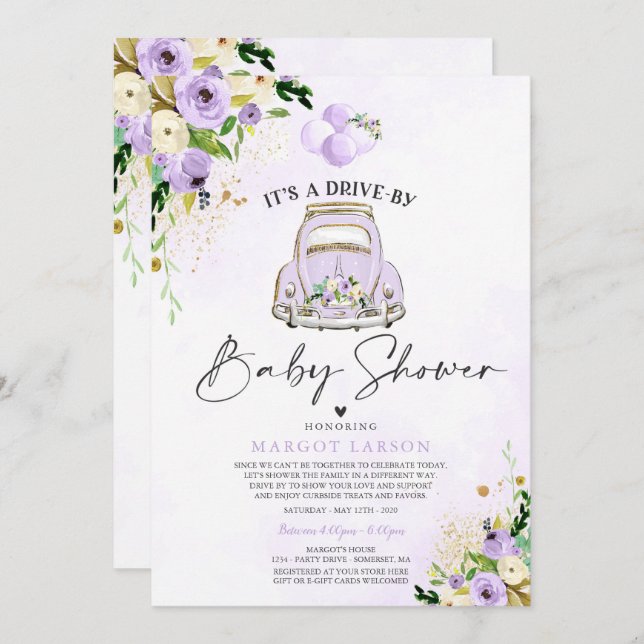 Conduire par Baby shower Invitation Floral Violet (Devant / Derrière)