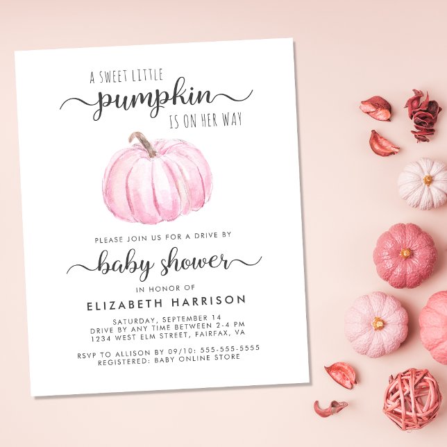 Conduite Par Baby Girl Douche Citrouille rose Invi (Celebrate the upcoming arrival of your sweet autumn baby with a pumpkin-themed drive by baby shower)