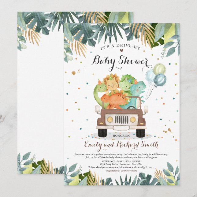 Conduite Par Baby shower Invitation Dinosaur Douch (Devant / Derrière)