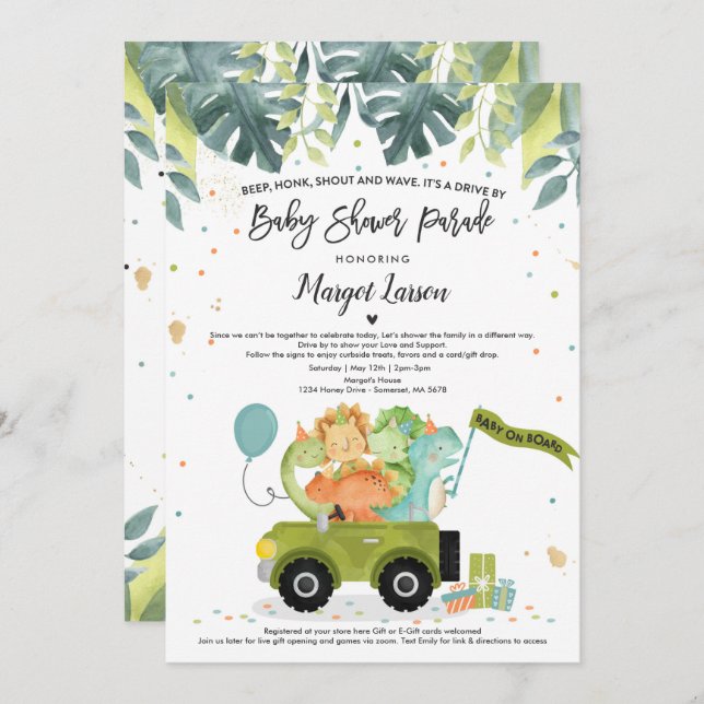 Conduite Par Baby shower Invitation Dinosaur Douch (Devant / Derrière)