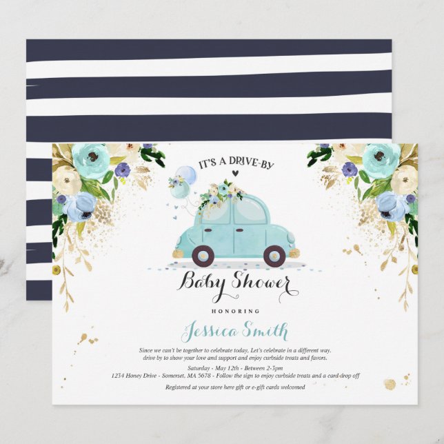 Conduite par Baby shower Invitation Douche Florale (Devant / Derrière)