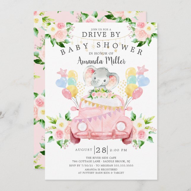 Conduite Par Elephant Girls Baby shower Invitation (Devant / Derrière)