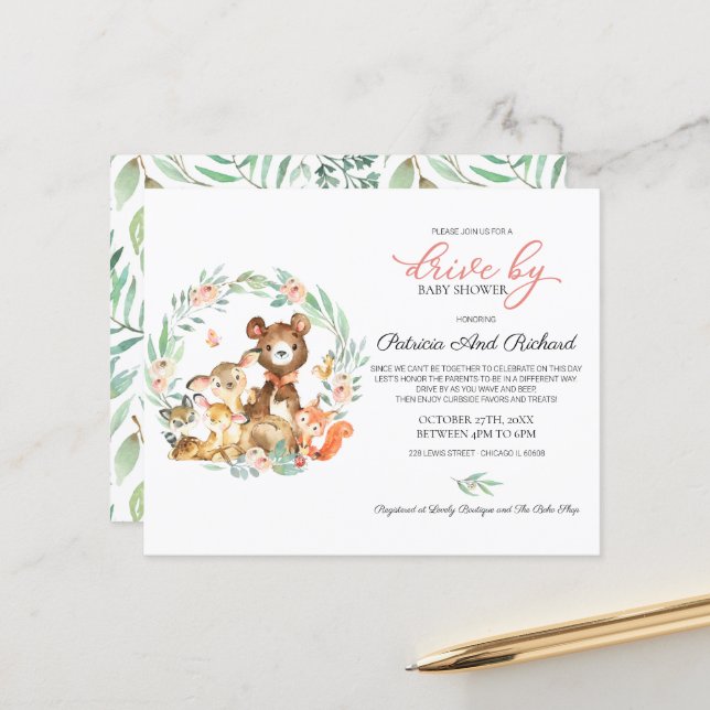 Conduite Woodland Par Baby shower Budget Invitatio (Devant/Arrière en situation)