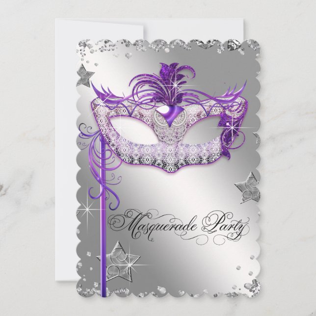 Confetti Argent Purple Masquerade Party Invitation (Devant)