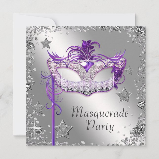 Confetti Argent Purple Masquerade Party Invitation (Devant)