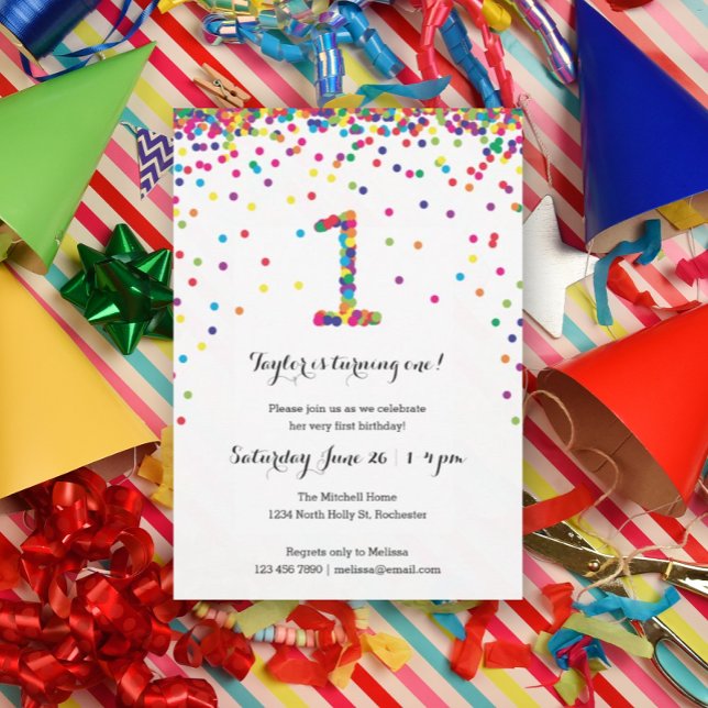 Confetti coloré 1er anniversaire Invitations de fê (Rainbow confetti for your kiddo's first birthday party!)