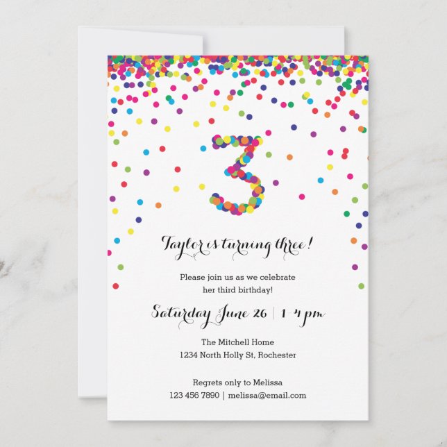 Confetti coloré 3e anniversaire fêtes Invitations (Devant)
