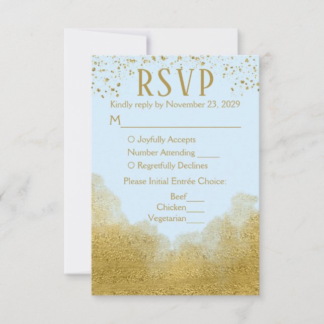 Confetti d'or bleu RSVP Mariage réponse Menu repas (Devant)