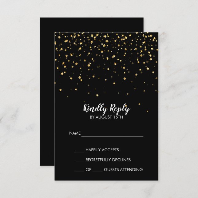 Confetti d'or | Carte RSVP de mariage simple noir (Devant / Derrière)