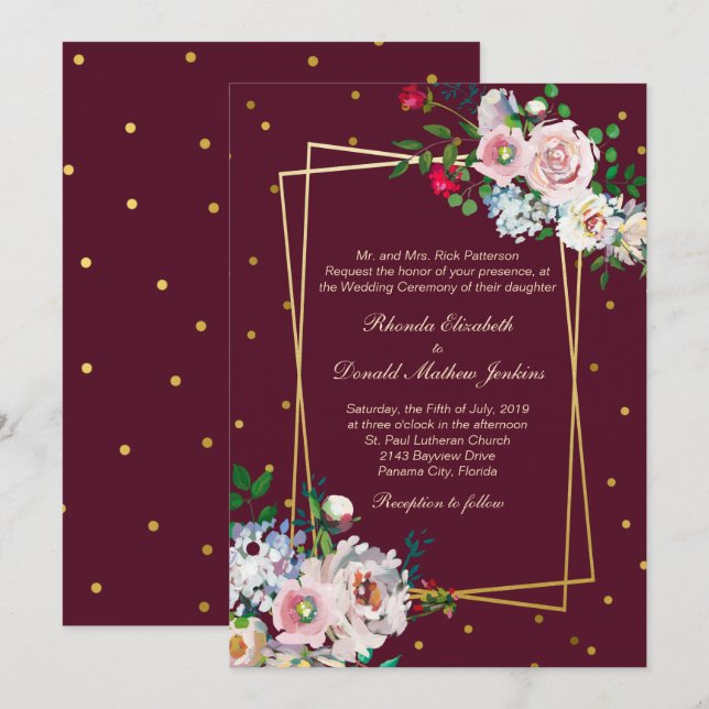 Confetti d'or et Faire-part de mariage de fleurs (Devant / Derrière)