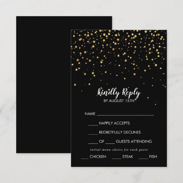 Confetti d'or | Menu noir Choix mariage RSVP (Devant / Derrière)