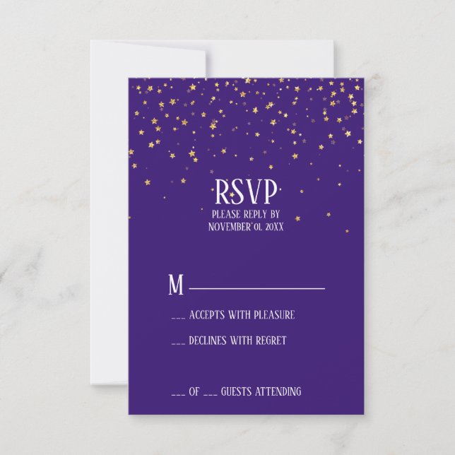 Confetti d'or sur carte RSVP violet (Devant)