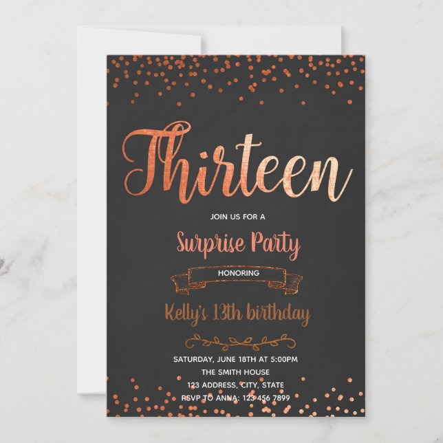 Confetti en or rose 13e anniversaire invitation (Devant)