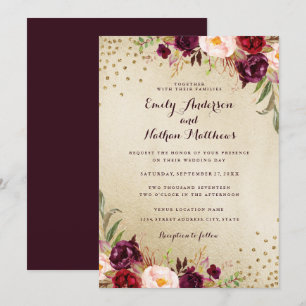 Confetti Floral Or Bourgogne Faire-part de mariage