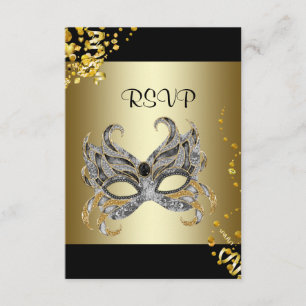 Confetti Mask Black Gold Masquerade Party RSVP