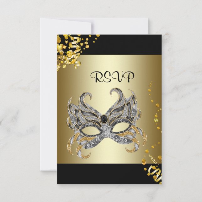 Confetti Masque Black Gold Masquerade Party RSVP (Devant)