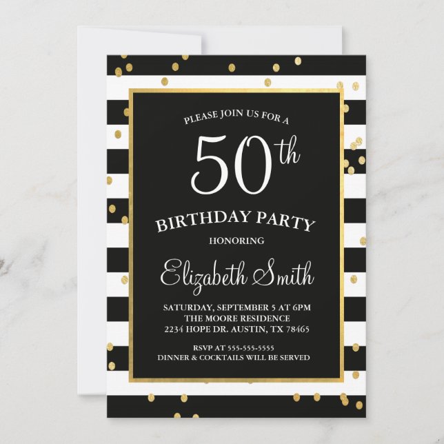 Confetti Noir & Or Invitation Anniversaire (Devant)