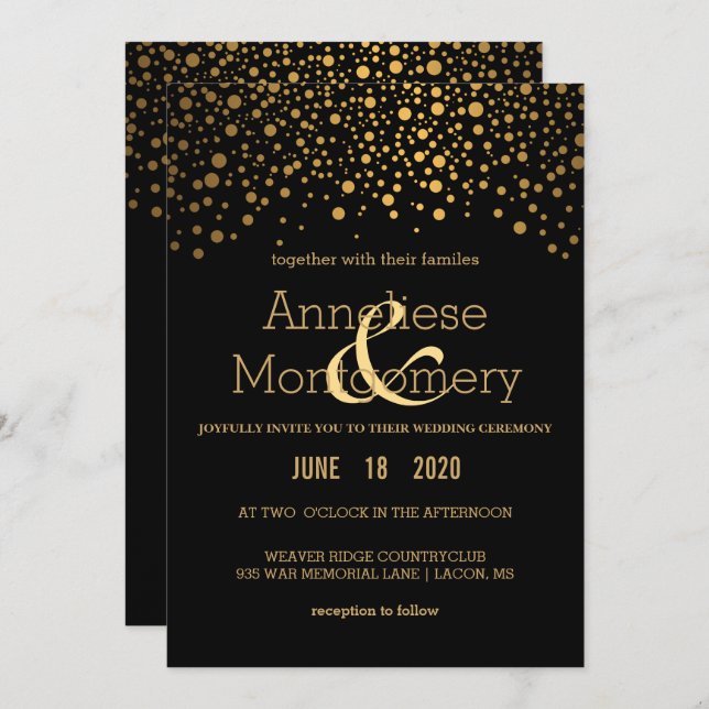 Confetti or élégant et Faire-part de mariage noir (Devant / Derrière)
