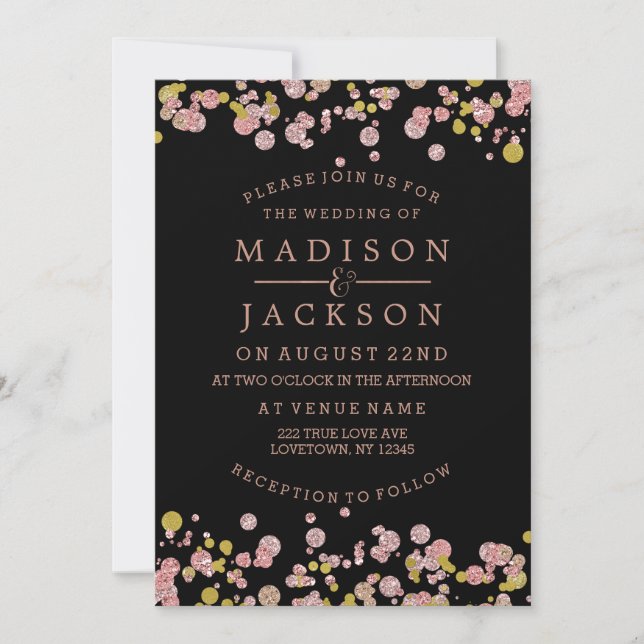 Confetti Sparkle Rose Gold Wedding Invitations (Devant)