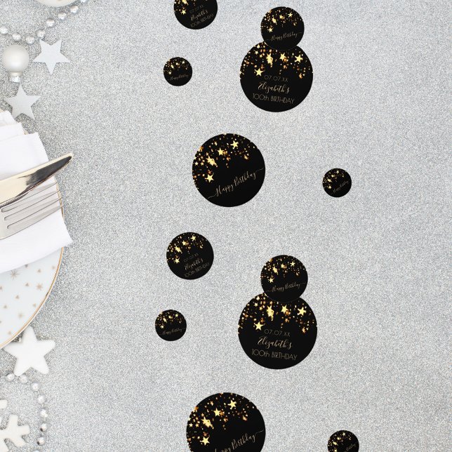 Confettis 100e anniversaire fête noir or étoiles monogramme (Créateur téléchargé)