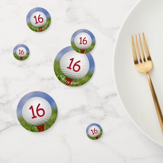Confettis 16e anniversaire balle de golf sur tee rouge (Groupe)