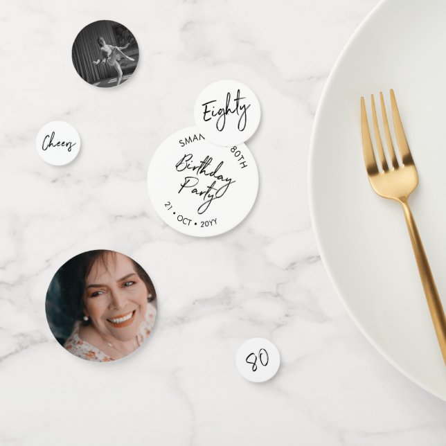 Confettis 80 | Black & White Modern 80th Birthday Photo (Groupe)