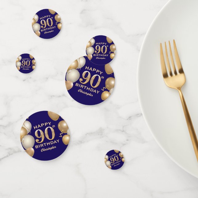 Confettis 90e Anniversaire Marine Bleu et Ballons d'or (Groupe)