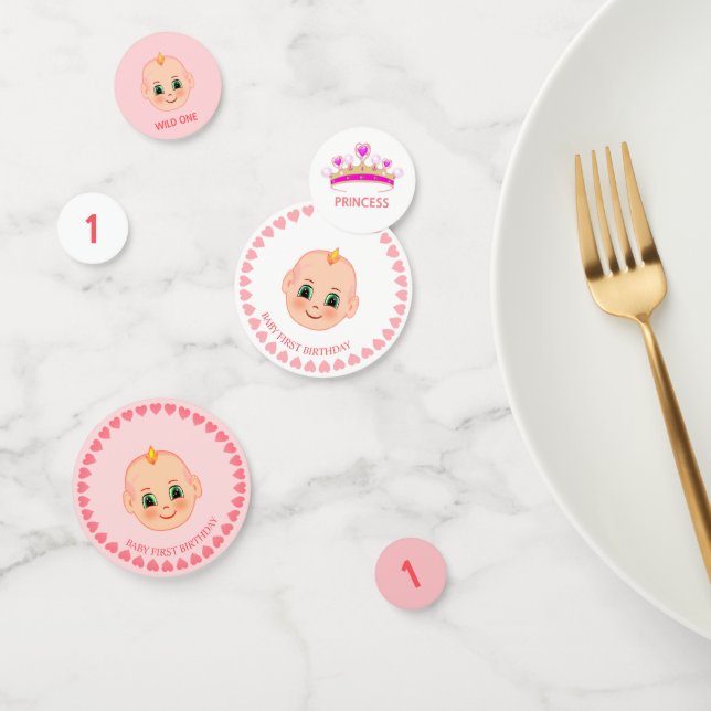 Confettis Anniversaire de bébé fille sur fond rose et blanc (Groupe)