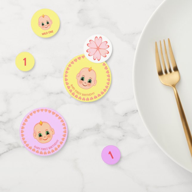 Confettis Anniversaire de bébé sur violet et jaune (Groupe)