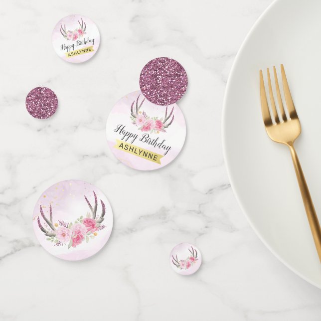 Confettis Antlers Floraux Rustiques Anniversaire Rose Pâle & (Groupe)