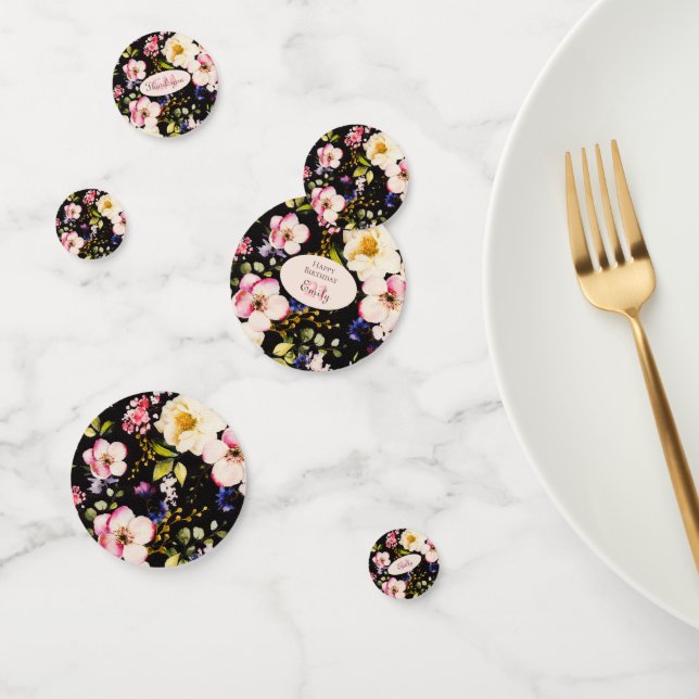 Confettis Aquarelle Roses rose et jaune sur Noir, Anniversai (Groupe)