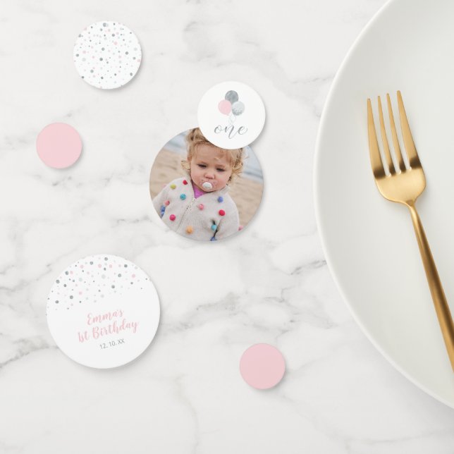 Confettis Argent & Rose | Ballons Fille 1er Anniversaire (Groupe)