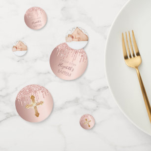 Confettis Baptême blush rose gouttes d'or photo fille