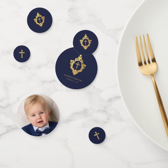 Confettis Baptême Boy Photo Marine Blue Faux Gold Cross Cres (Groupe)