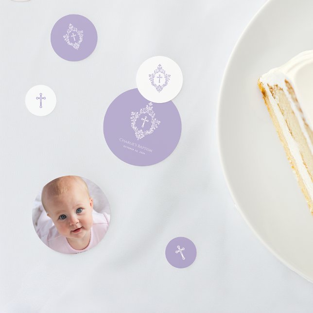 Confettis Baptism Photo Lavender Purple White Cross in Crest (Créateur téléchargé)