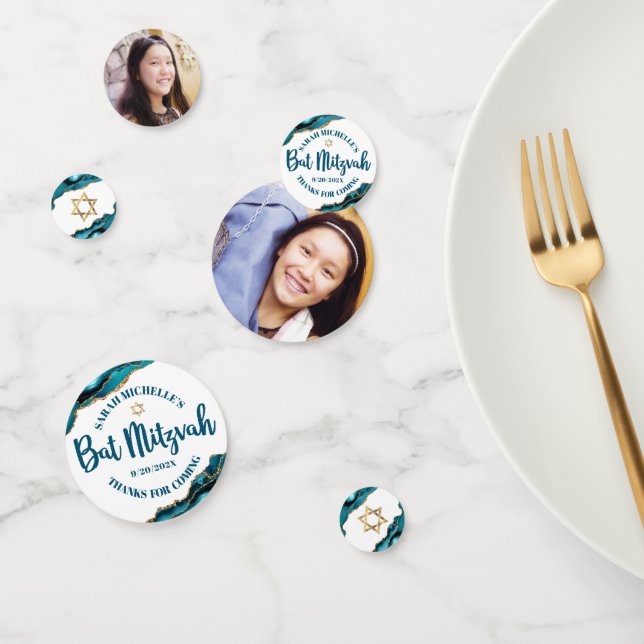 Confettis Bat Mitzvah 2 Photo Turquoise Agate Or Script (Groupe)