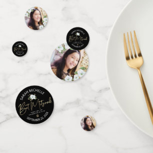 Confettis Bat mitzvah Photo Black Gold Script élégant Floral