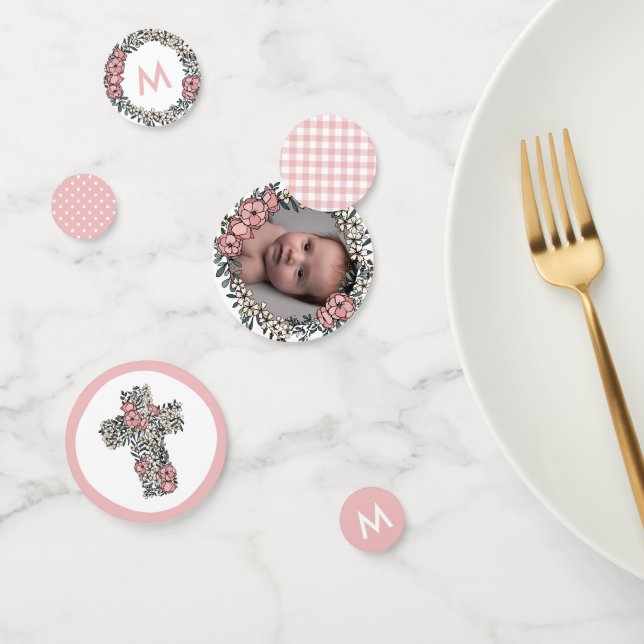 Confettis Belle croix de cadre rose floral Photo Baptême (Groupe)