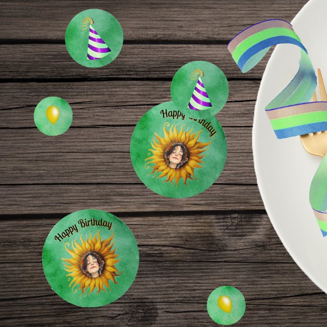 Confettis Birthday Girl Pretty Face in Sunflower Hats Green (Pretty girl in big yellow sunflower, party hats, yellow balloons on green table Birthday confetti.)
