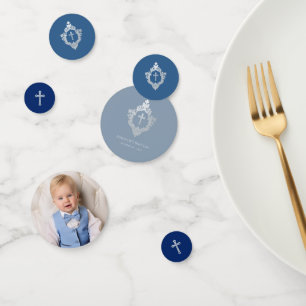 Confettis Blue Baptism Boy Photo Elegant Vintage Crest Cross