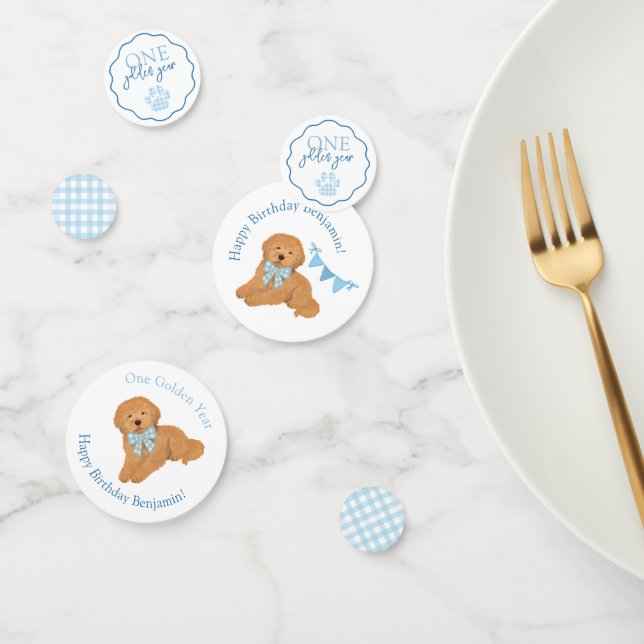 Confettis Blue Gingham One Golden Year Puppy Birthday Table (Groupe)