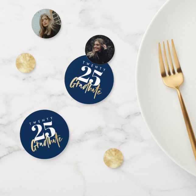 Confettis Calligraphie Or moderne Photo Bleu Graduation (Groupe)