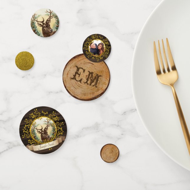 Confettis Cerf de Noël rustique vintage Photo Monogramme dor (Groupe)