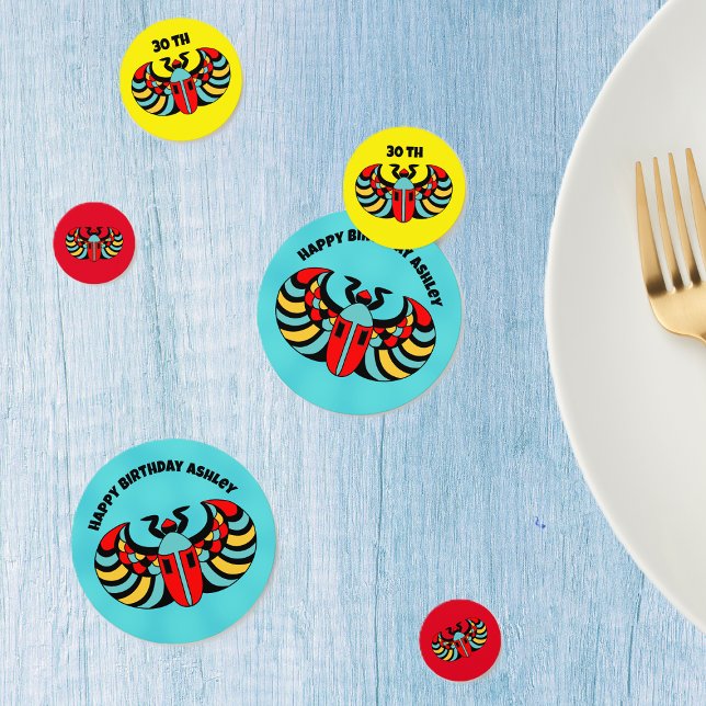Confettis Coloré Abstrait Scarab Beetles Joyeux anniversaire (Abstract bright scarab beetle in black, red, yellow and aqua blue on Happy Birthday table confetti.)